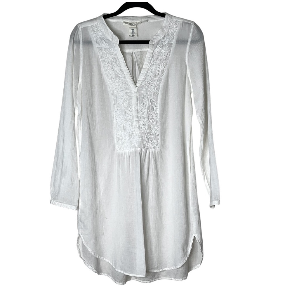 H&M LOGG Long Sleeve Embroidered Split Neck Mini Shirt Dress Coverup White 8 - Picture 8 of 9